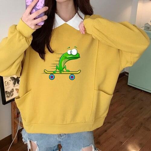 Cute Funny Sweatshirt Frog Cotton Casual Loose Hoodies Aesthetic Sweatsuit with Pocket All-match Sweatshirts Women Korean Tops