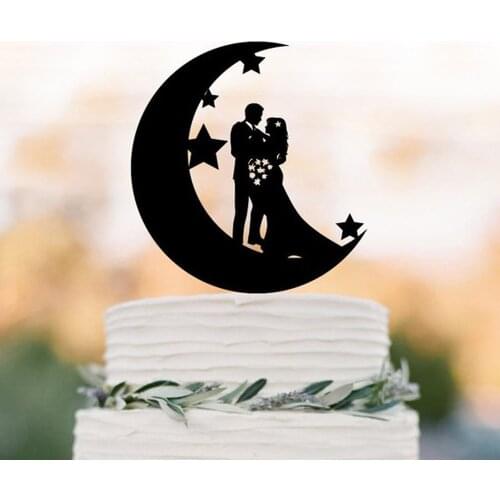 Bride and Groom Wedding Cake topper, Couple with Moon and stars silhouette , funny cake topper, unique and romantic cake topper