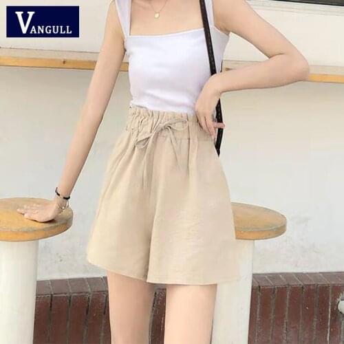 Vangull Casual Elastic Waist Drawstring Solid High Waist Pockets Loose 2021 Summer New Cotton Linen Comfortable Women Shorts