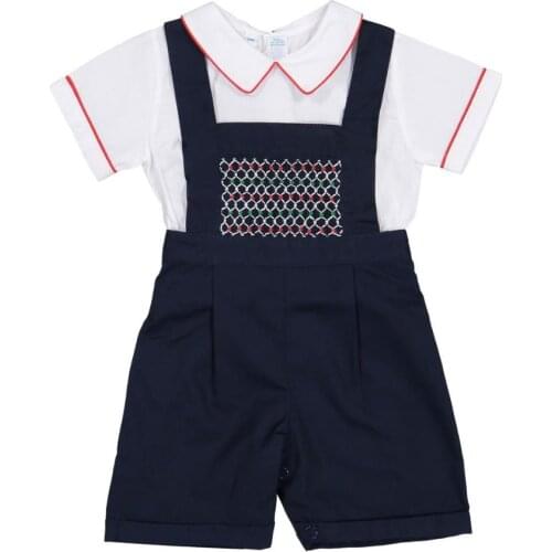 Vintage Spanish England style baby boys embroidered short sleeve shirt+smocked overalls shorts two piece sets
