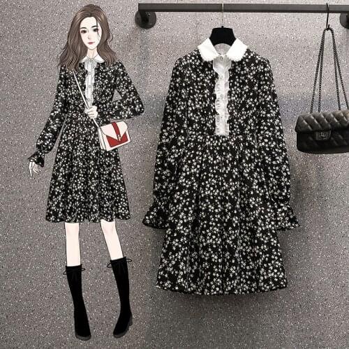 Vintage Floral Ruffle Dress Women long Sleeve peter pan collar woman Dress plus size Casual Dresses Korean Beaded Vestidos L-4XL