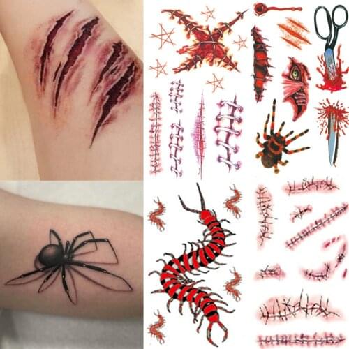 Waterproof 3D Halloween Temporary Tattoos Stickers Makeup Halloween Decorations Wound Scary Blood Injury Scars Fake Tattoos
