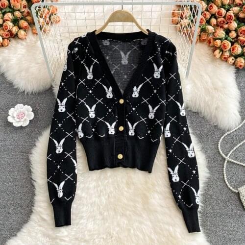 Autumn And Winter Fashion Pattern Jacquard V-Neck Knitted Cardigan Sweater Jacket Long Sleeve Loose Single Breasted Outerwear