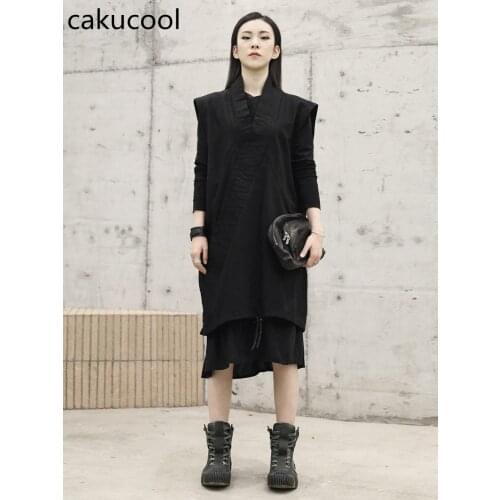 Cakucool New Women VEST Irregular fake two black solid color long vest v-neck asymmetry loose casual cotton vests