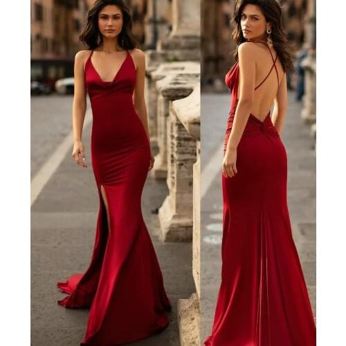 Sexy Mermaid V-Neck Long Burgundy Evening Dresses with Slit Open Criss Cross Back Satin Abendkleider Robes de Soirée for Women