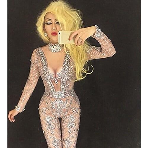 Women Classic Queen Sexy Bodysuit Full Of Sparkling Crystals Stones Jumpsuit Christmas Celebrate Nightclub Performance Costume