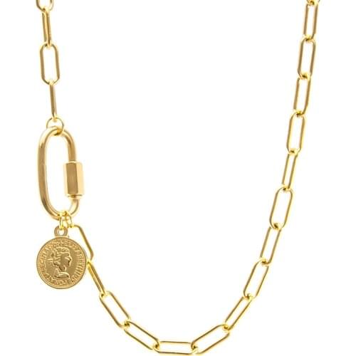 Women Lucky Coin necklace heavy Stainless steel gold color strong Carabiner charm Statement Collares long choker