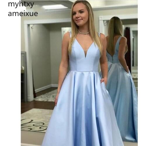 Simple 2020 Cheap Blue Evening Dresses A-line Floor Length Sleeveless Prom Dress Ruched Pocket Gowns Custom Made Robe De Soiree