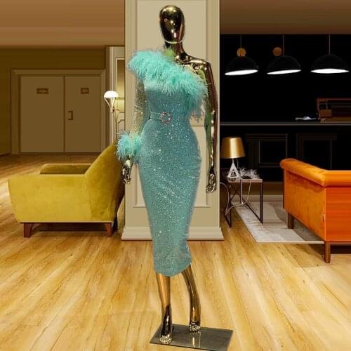 Luxury Feathers Sequined Green Tea Length Evening Dresses with Belt Single Long Sleeve вечернее платье 2021