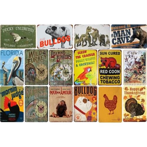 Dinosaur Animal Matal Vintage Tin Signs Bear Duck Bulldog Parrot Raccoon Pelican Monkey Turkey Fish Bar Decoration Kids Gift
