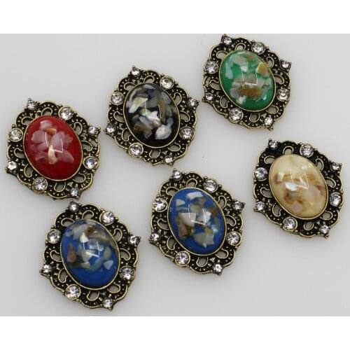 Fashion Retro 10pc 25*30mm Oval Resin Rhinestone Button Metal Wedding Crafts Clothing Decorate DIY Flower Brooch Scrapbooking