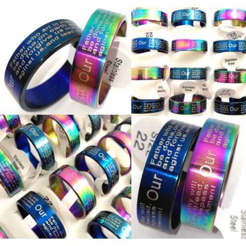 100pcs Blue & Color Mix English LORDS PRYAER Stainless Steel Wedding Rings for Men and Women Wholesale Jewelry lot