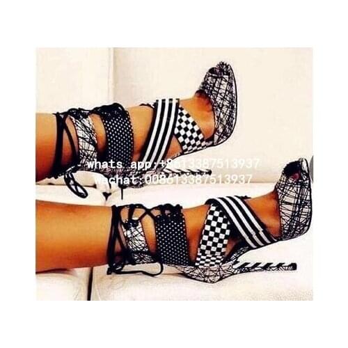 2017 Hot New Arrival Fashion Women Sexy Black White Patchwork Peep Toe Gladiator Cuts Out Lace Up Dress Sandals Shoes Big Size