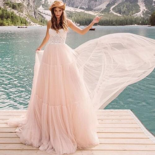 2021 Latest Beach Blush Pink Lace Bridal Wedding Gowns Sweetheart with Detachable Neck Wedding Dresses for Bride Court Train