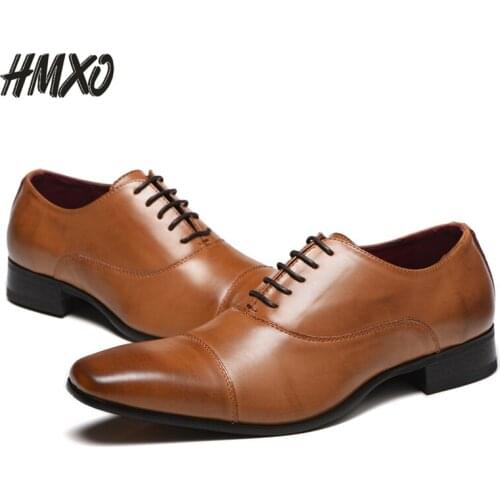 HMXO Business Suits Men Leather Shoes Casual Breathable Non-slip Handsome Lace Up British Leather Shoes Men Casual Leather Shoes