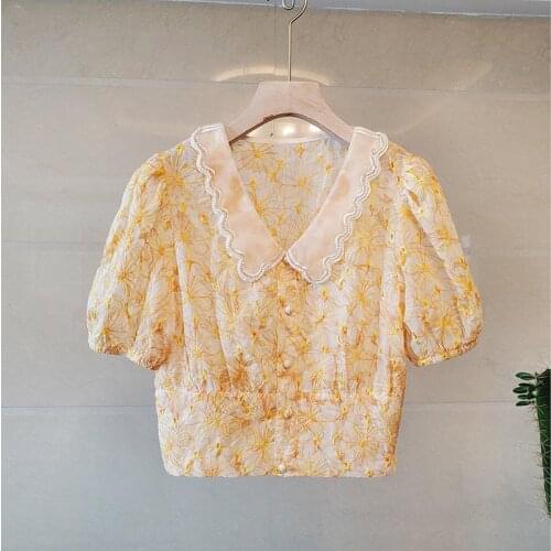 Baby 2021 Beaded collar embroidered bubble sleeve V-neck close waist short shirt womens new summer shirt fashion