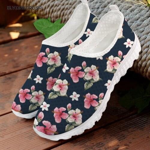 ELVISWORDS Pink Flowers Design Comfortable Ladies Walking Shoes Casual Womens Flats Shoes Lightweight Woman Air Mesh Sneakers