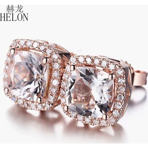 HELON Solid 14K Rose Gold 6mm Cushion Genuine Morganite diamonds Stud Earrings Women Aquamarine Birthday Gift Fine Jewelry