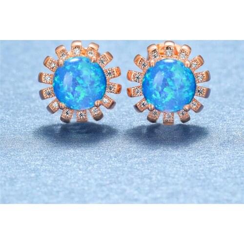 Classic Female Round White Opal Earrings Dainty Rainbow Flower Stud Earrings For Women Trendy Vintage Rose Gold Wedding Earrings