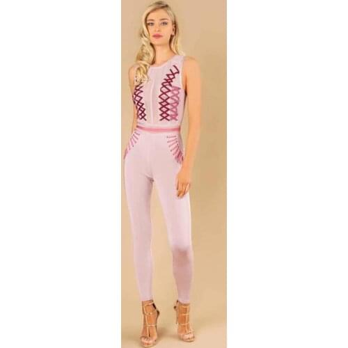 Smart Crisscross Lace Up Sleeveless White See Through Mesh Patchwork Long Leg Round Neck Bandage Bodycon Jumpsuit