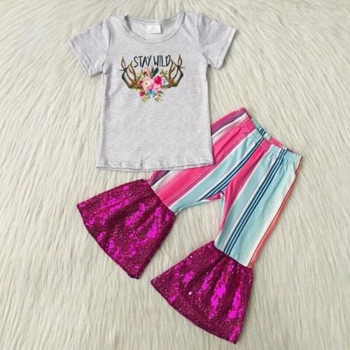 Summer Girls Cow Head T-Shirt Sequin Bell Pants Sets Kids New Design Kids Boutique Outfits Girls Casual Set Clothes for Teens