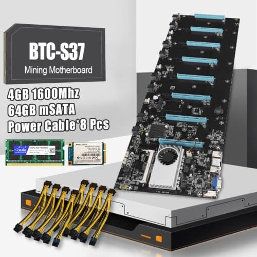 BTC-S37 Machine Mining Motherboard 8 CPU Bitcoin Crypto Etherum Set With 4GB DDR3 1600MHz RAM 1037U 64GB MSATA SSD Power Cable