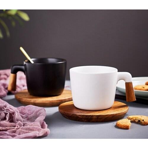 Nordic matte coffee mugs cup set household tea cup with wooden saucer and spoon breakfast milk cup with wooden handle CE / EU