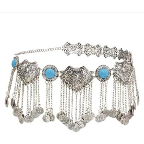 European And American Retro Metal Coin Pendant Belly Chain Tassel Long Waist Chain Girl Decoration Belt Sapphire