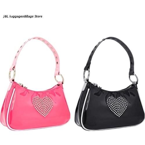 M68C Fashion Women Handbag Leather Shoulder Bag Rhinestone Heart Clutch Tote Zipper Closure Retro Glitter Underarm Bags