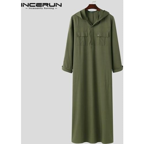 Solid Muslim Robes Mens Long Sleeve Buttons Jubba Thobe Men Autumn Hooded Mult Pockets Kaftan Islamic Clothing S-5XL INCERUN 7