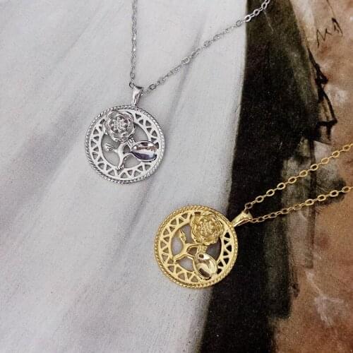 Original s925 sterling silver hollow coin coin pendant golden rose flower necklace female romantic pendant jewelry