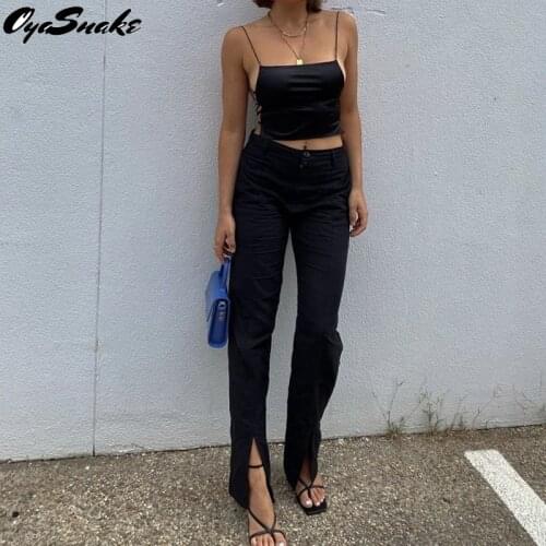 Oyasnake New Womens Hot Split Suit Long Pants Ladies Solid High Waist Button Slim Skinny Pockets Mopping Trousers