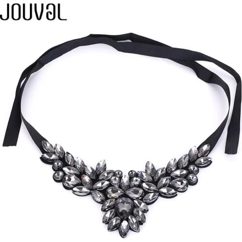 JOUVAL Black Crystal Collar Chokers Necklace Women Flower Ribbon Necklaces Sweater Chain Chiffon Shirt European Jewelry