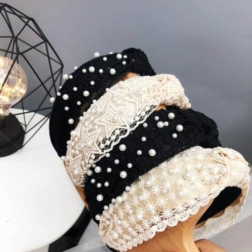 Fashion Girls Pearl Hairband Lace Headband Women Artificial Pearls Hair Hoop Middle Knot Hair Accessories Sweet Female Headwear
