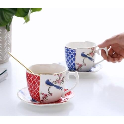 Luxury Style irregular Chinese Style Magpie Flower Cup and Saucer Coffee Tea Set Milk Mug