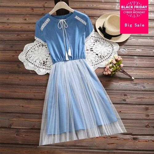 S-XXL Vintage Mori Girl Denim Stitching mesh dress female 2018 summer new short sleeve cotton dress blue slim was thin dressL810