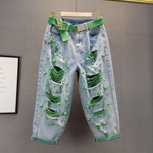 Europe Summer Womens Color Beading Hole Jeans Female High Waist Loose Denim Cross Pants Fashion Plus Size Thin Harlan Trousers