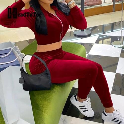 Solid Zip Golden Velvet Casual Sporty 2 Piece Set Women Full Sleeve Hooded Drawstring Navel Pencil Slim Two Piece Outfits Woman