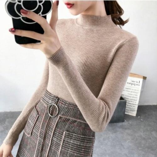 Autumn Women Knitted Turtleneck Sweater 2019 Fall Casual Slim Sweaters Pullover Womens Long Sleeve Elasticity Sweater Base Shirt
