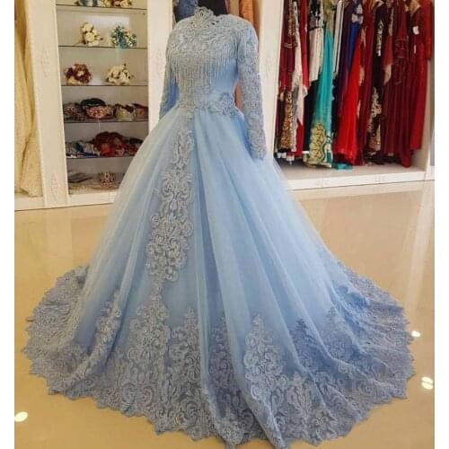 High Neck Full Sleeve Muslim Dubai Evening Dresses Sky Blue Turkey Lace Evening Gowns