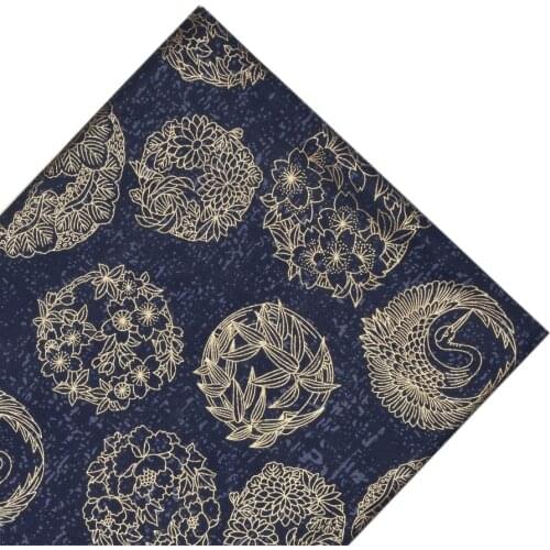Navy Blue Flowers Crane Cotton Bronzing Japanese Fabric For Clothing Jewelry, Making Handbag, Waistband, Hairband Material