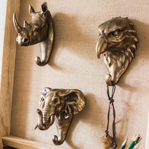 Rhino Elephant Hawk Beast Head Single Wall Hook / Hanger Animal shaped Coat Hat Hook Heavy Duty, Rustic, Decorative Gift
