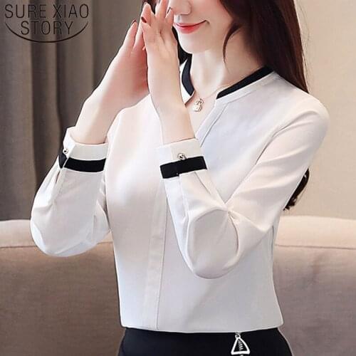 Womens tops and blouses blusas mujer de moda 2021 harajuku Beading Chiffon blouse Solid V-Neck white shirts 2412 50