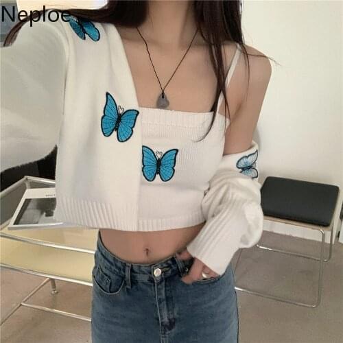 Neploe Women Cardigan Butterfly Embroidery Cropped Sweaters Two-piece Sets Korean Knit Suit Fashion Black Sweater Cardigans