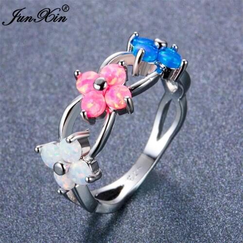 JUNXIN Boho Female White Blue Pink Opal Stone Ring Fashion Cute Flower Finger Ring Promise Wedding Engagement Rings For Women