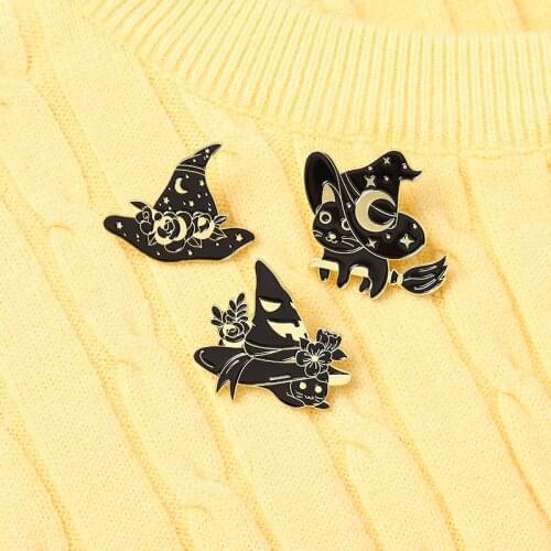 Witch Cats Enamel Pin broom Starry Wizard Hat Brooches Bag Clothes Lapel Pins Black Gothic Badge Witchcraft Jewelry Gift Friends