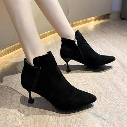 2020 Fashion Ladies High Heel Boots Casual Medium High Heel Spring Shoes Women Pointed Side Zipper Ankle Boots Stiletto U22-09