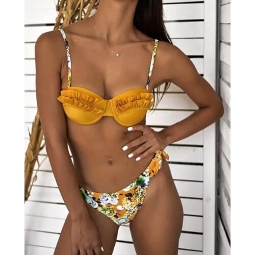 2021 Women Swimsuits Two Piece Bikini Sets Ruffle Shell Cup Bra Floral Tie Up Thong Swimsuit Bathing Suits Brazilian Biquini