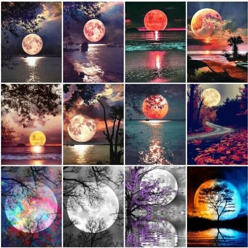 AZQSD Diamond Embroidery Moon Seaside Mosaic Handmade Diamond Painting Landscape Cross Stitch Rhinestones Home Decoration Gift