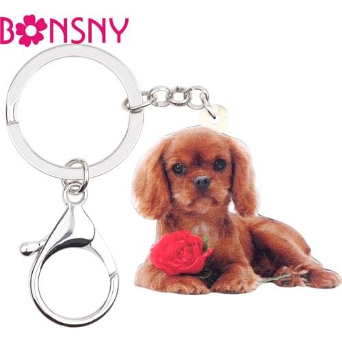 Bonsny Acrylic Flower Cavalier King Charles Spaniel Dog Key Chains Keychains Cute Animal Jewelry For Women Girls Car Charms Gift